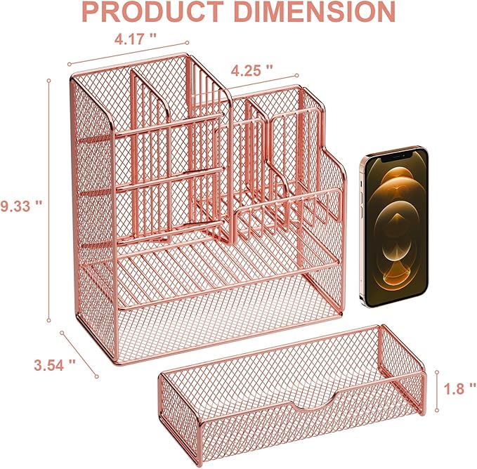 Marbrasse Mesh Pen Holder for Desk, Desk Organizer with Drawer, Multi-Functional Pencil Organizer, Desk Organizers and Accessories for Office Art Supplies (Rose Gold), MESH B17