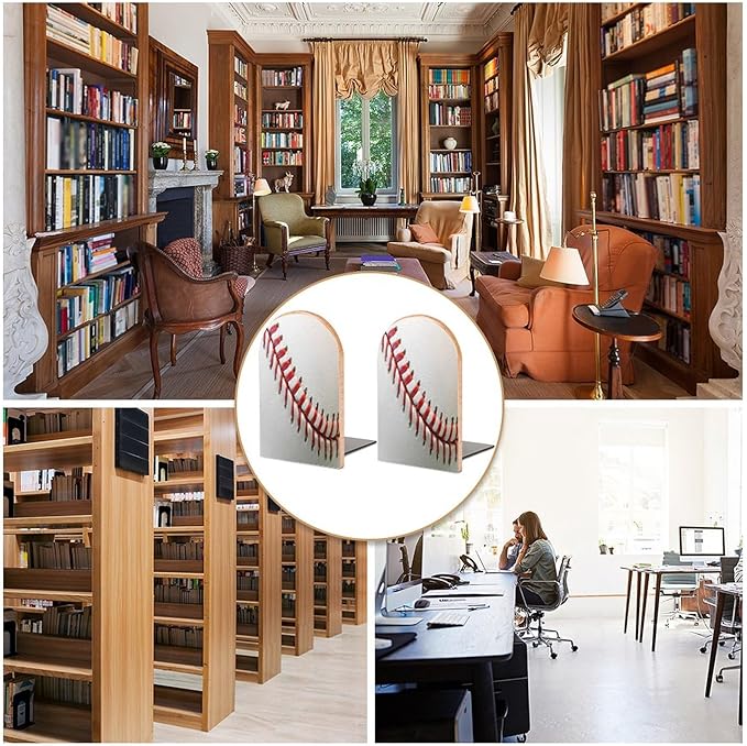 2 Pack Wood Bookends, Sport Ball Baseball Lace Non-Skid Book Ends for Heave Books, Decorative Bookends for Shelves Desk, Book Stoppers Book Holders for Home Office Library School