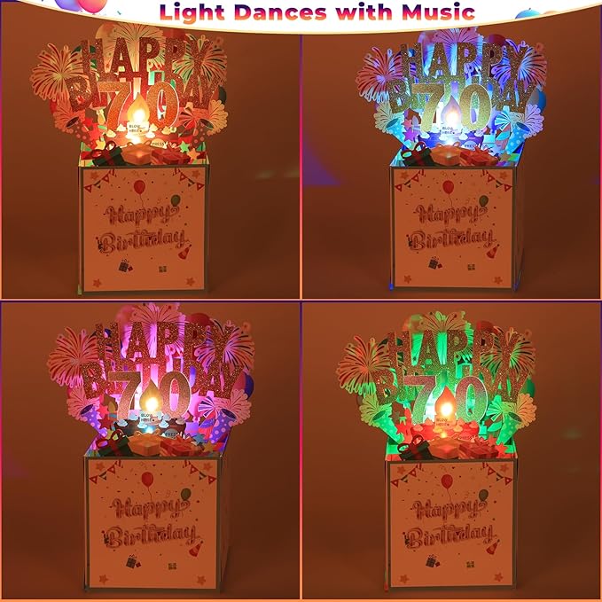 Tnvee 70TH Birthday Cards with Lights & Music & Candle, 3D Large Pop Up Happy Birthday Cards for Women Man Greeting Cards Decorations for 70 Years Old Mom Dad Grandparents