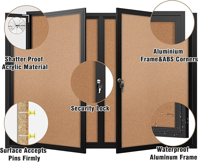 48"x34" Enclosed Bulletin Board, Outdoor Lockable Weather-Resistant Aluminum Cork Noticeboard for School & Office, Black Frame w/Cork