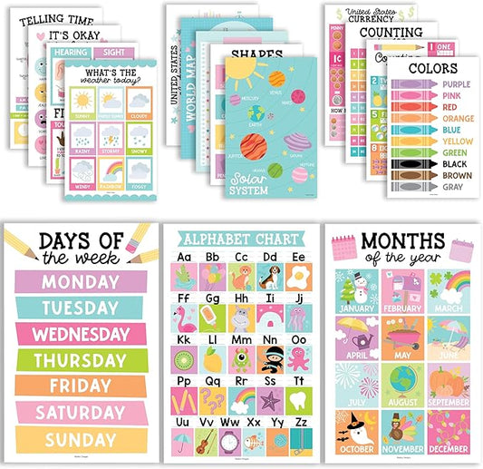 Hadley Designs 16 Educational Posters for Classroom & Kindergarten, Kindergarten Classroom Must Haves, Laminated PreK Learning Chart Materials US & World Map, ABC Alphabet, Shapes, Days of the Week