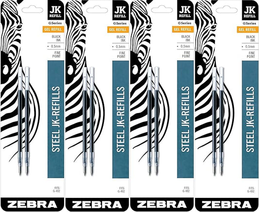 Zebra G-402 Stainless Steel Pen JK-Refill, Fine Point, 0.5mm, Black Ink, 8-Count