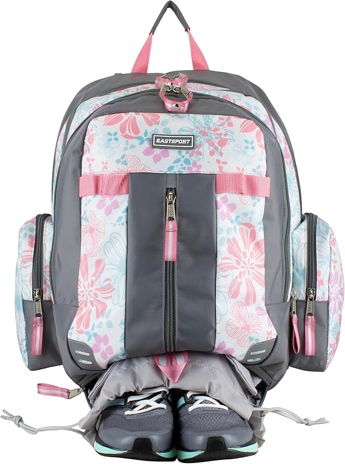 Eastsport Extra Large Backpack Expandable Oversized For Travel Hiking Work Camping Sports Outdoors With Drawstring Bag 18x13.5x9.5 Spring Floral Ash Grey