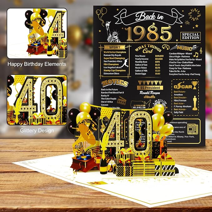 40th Birthday Card for Men Women, 3D Pop Up 40th Birthday Gifts Cards for Him Her, Back In 1985 Funny 40 Year Old Birthday Decorations