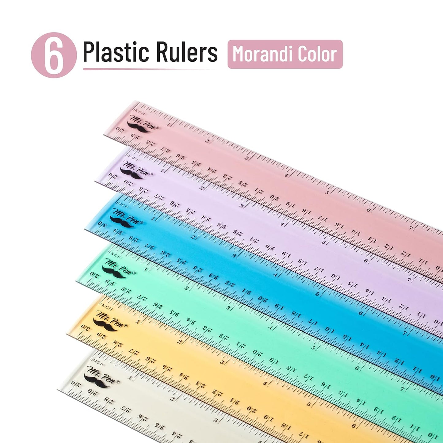 Mr. Pen- Plastic Rulers, 12 Inch, 6 Pack, Morandi Colors, Metric & Imperial, Clear Ruler Set