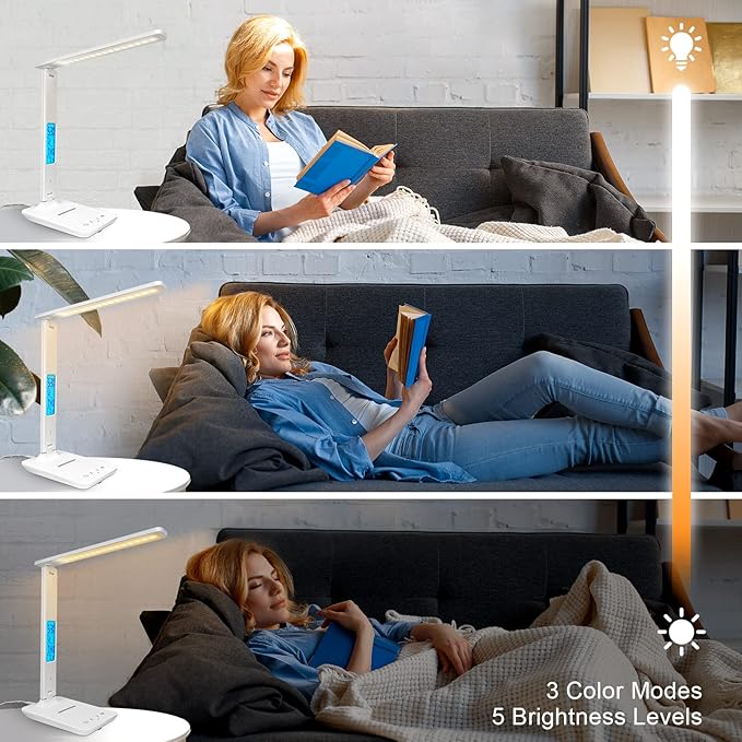 Desk Lamp with Wireless Charger, USB Charging Port, Dimmable Office Desk Light with Clock, Alarm, Date, Temperature, Foldable Lamp for Table Bedroom Bedside Office (White)