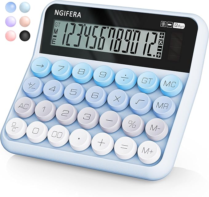 True Mechanical Switch Calculator,12 Digits, Large LCD Display,Big Buttons,Solar and Battery Dual Power Mechanical Keyboard Desktop Calculators,Cute and Aesthetic (Blue Gradient, Large)