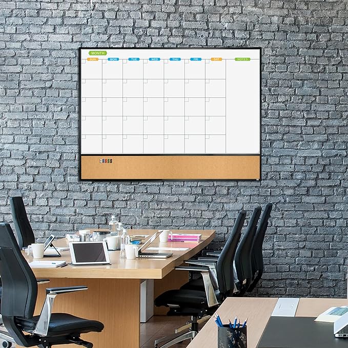 JILoffice Magnetic Calendar Whiteboard & Bulletin Corkboard Combination, Combo Board 48 x 36 Inch, Black Aluminum Frame Wall Mounted Board for Office Home and School with 10 Push Pins