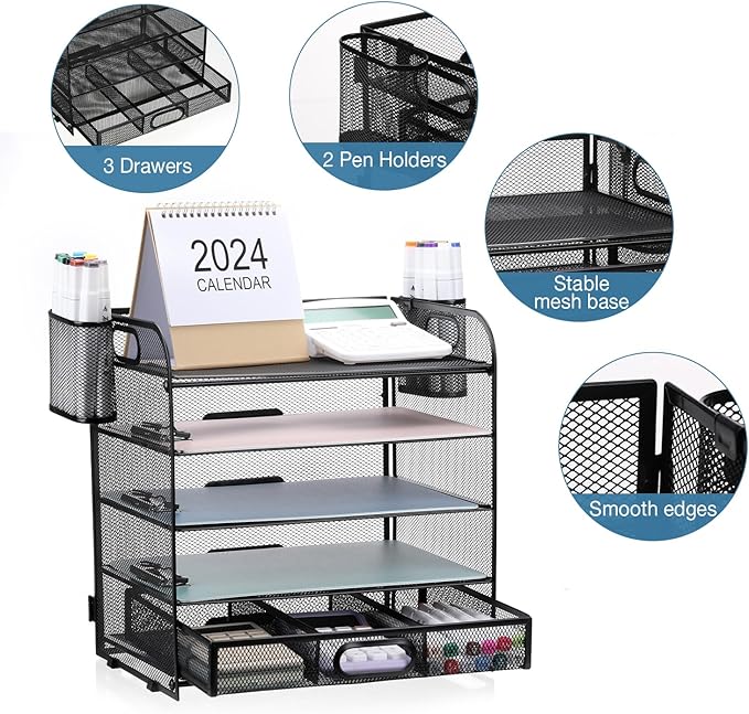 5-Tier Letter Tray Desk Organizer with Drawer and Pen Holder, Mesh File Organizer with Handle, Office Supplies Document Paper Sorter Desk Organization for Home Office, Black