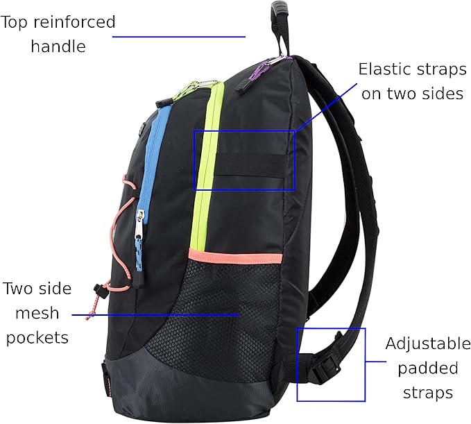 FUEL Hiking Backpack for Women Men Terra Sport, Travel, College, Gym, Work with Laptop Sleeve, Bungee, 18 Inches, Rainbow Black
