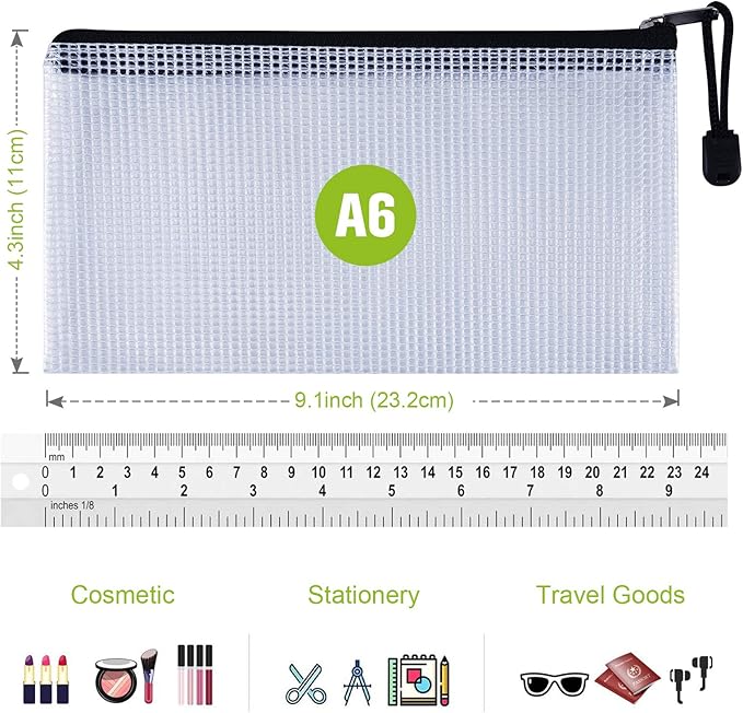 Plastic Mesh Zipper Pencil Pouches, 6PCS Waterproof Tear-Resistant Document File Folders, A6 Size Zipper Documents Pouch Document Organizer Bags for School Office Home Travel Storage(9.25×4.25Inch)