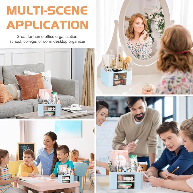 Pencil Pen Holder for Desk,2 Drawer Desk Organizers,5 Compartments Desktop Storage Stationery Supplies Organizer, Cute Pencil Cup Pot For Office, School, Home(Blue)