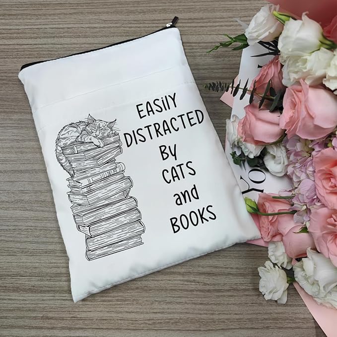Book Sleeve, Book Covers with Zipper, Funny Cat & Book for Book Lovers, Gifts for Women Teacher Librarian Bookworm Bookish- Easily Distracted by Cats and Books (White-A, Large)