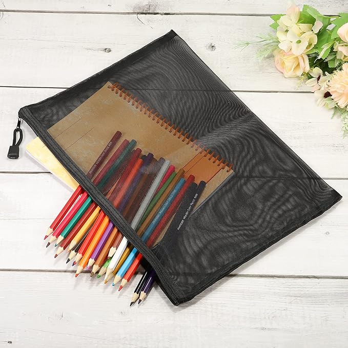 MECCANIXITY Mesh Zipper Bags, A4 Nylon Zip Pouch Pencil Case Storage Pockets for Travel Office Accessories, Black Pack of 6