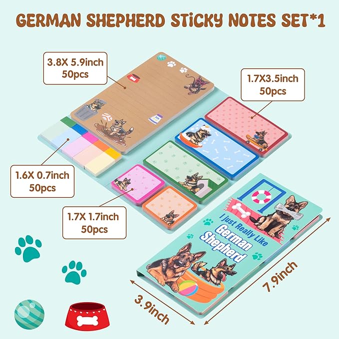 B1ykin Sticky Notes Set - Cartoon Theme Cute Self-Stick Notes Pad Teacher Appreciation Gifts， Self-Adhesive Writing Memo Pages Sticky to Do Notepad for Kids Employee School Office (German Shepherd)