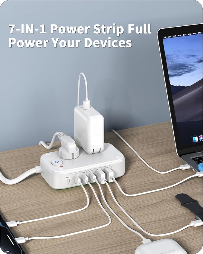 Power Strip with USB Ports, 65W USB C Charger for Laptop 5FT Flat Extension Cord Outlet Extender with 2 AC Outlets, 3 USB C Ports, 2 USB A Ports, Surge Protector Desktop USB Charging Station
