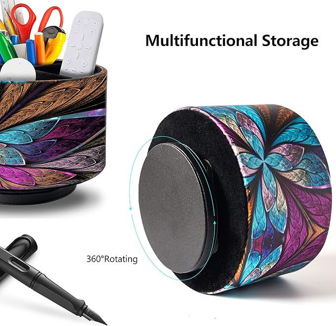 Remote Control Holder Round Leather Art Supply Organizer, PU Leather Pencil Stationery Desk Storage Makeup Organizer for Heater Controllers TV Remotes, 4 Compartments, 360 Degree Spinning