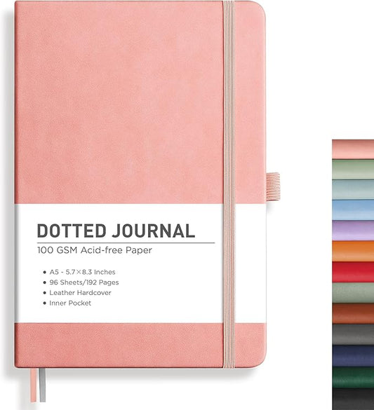 RETTACY Bullet Dotted Journal, A5 Dotted Notebook Journal with 192 Pages, 5.7'' × 8.3'', Medium Size, 100 GSM Thick Paper, Leather Hardcover, Bullet Journaling, Planning (Pink)