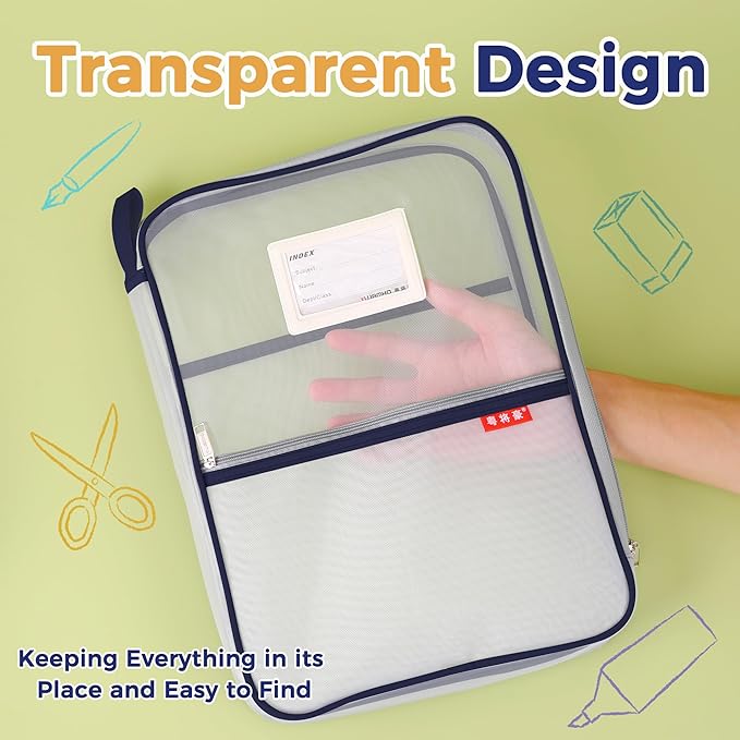 Pendancy Mesh Zipper Pouch 14.8x10.8 in Transparent Lightweight Nylon File Folders, A4 Size Multi-Layer Subject Document Organizer Accessories Storage Bag for Office and School Supplies(Dark Blue)
