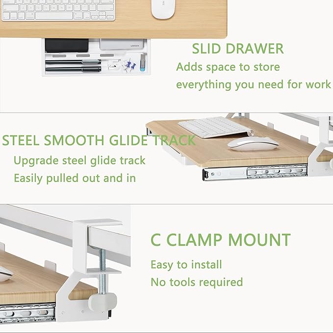 ETHU Keyboard Tray Under Desk, 26.8" x 12.2" Pull Out Steel Smooth Glide Sliding Keyboard Drawer, C Clamp Computer Keyboard Stand Ergonomic Desk Extender Tray for Home Office(Oak)