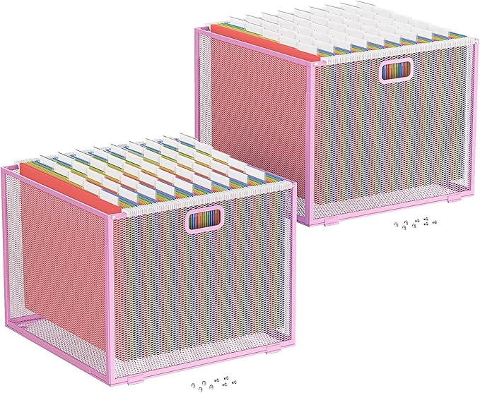 Oterri Hanging File Organizer, Metal File Organizer, Portable Desktop File Organizer for Letter Size Folder, Mesh Hanging File Crate for Office,Folders Not Included(Fairy Pink-Large,2 Pack)