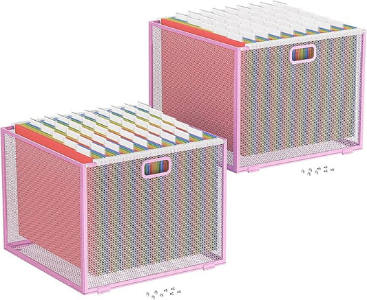 Oterri Hanging File Organizer, Metal File Organizer, Portable Desktop File Organizer for Letter Size Folder, Mesh Hanging File Crate for Office,Folders Not Included(Fairy Pink-Large,2 Pack)