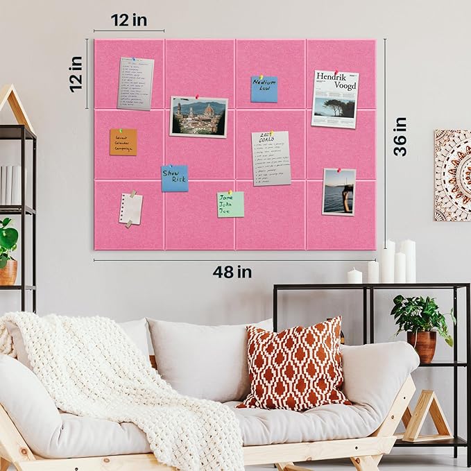 DOLLAR BOSS Large Cork Board for Wall 48" x 36" x 0.5" Bulletin Board 12 Packs Black Cork Board Tiles Self Adhesive Felt Wall Tiles with Pushpins, Corkboard for Office Pin Board Tack Board, Pink
