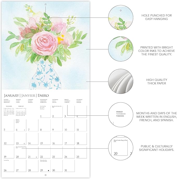 Graphique 2025 Pained Florals Wall Calendar | 12” x 12” | Thick Paper | Home & Office Organizer | Large Monthly Grid | 3 Languages & Marked Holidays | 4 Month Preview Page for 2026