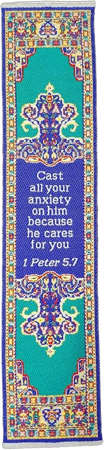 Don't Be Anxious, Woven Fabric Christian Bookmark, Silky Soft 1 Peter 5:7 Flexible Bookmarker for Novels Books and Bibles, Traditional Turkish Woven Design, Memory Verse Gift