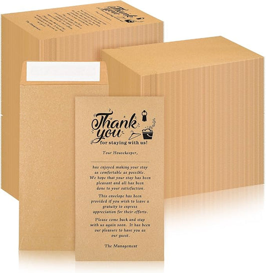 Eersida 500 Pcs Kraft Housekeeping Tip Envelopes Bulk Thank You Envelopes 3.5 x 6.5 Inch Self Adhesive Kraft Paper Seed Envelopes for Cash Coin Money Gratuity Key Cards Saving Hotel Motel