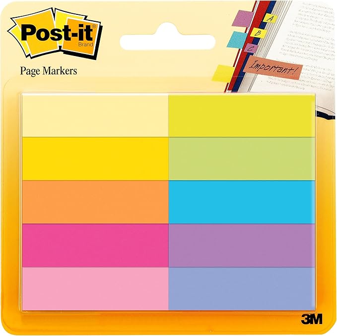 Post-it Page Markers, Assorted Bright Colors, 1/2 in x 2 in, 50 Markers/Pad, 10 Pads/Pack (670-10AB)