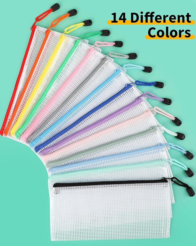 Smarpau 14pcs Zipper Pouch, 14 Colors 9.3" x 4.7" Mesh Pencil Pouches, Plastic Pencil Case Waterproof Zipper Bags for Cosmetic,Travel, Office Storage