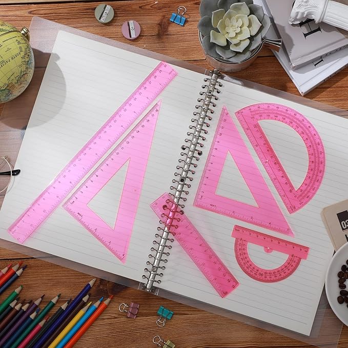 Tenare 6 Pcs Plastic Ruler Math Set Includes 12 Inch 6 Inch Straight Ruler Protractor Triangle Rulers Geometry Transparent Math Ruler Measuring Tools for School Office Home(Pink)
