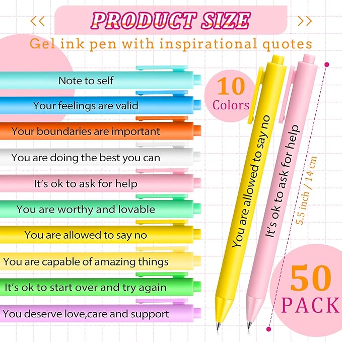 50 Pcs Gel Ink Pens Motivational Inspirational Quote Pen Retractable Rolling Ball Smooth Writing for Coworkers Supplies Office Home(Stylish Color,Mental Health Reminders)