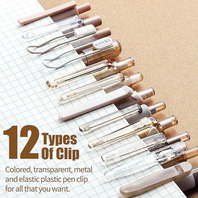 Four Candies 12Pack Pastel Gel Ink Pen Set, 11 Pack Black Ink Pens with 1Pack Highlighter for Writing, Retractable 0.5mm Fine Point Note Taking Pens for School Office (Brown)