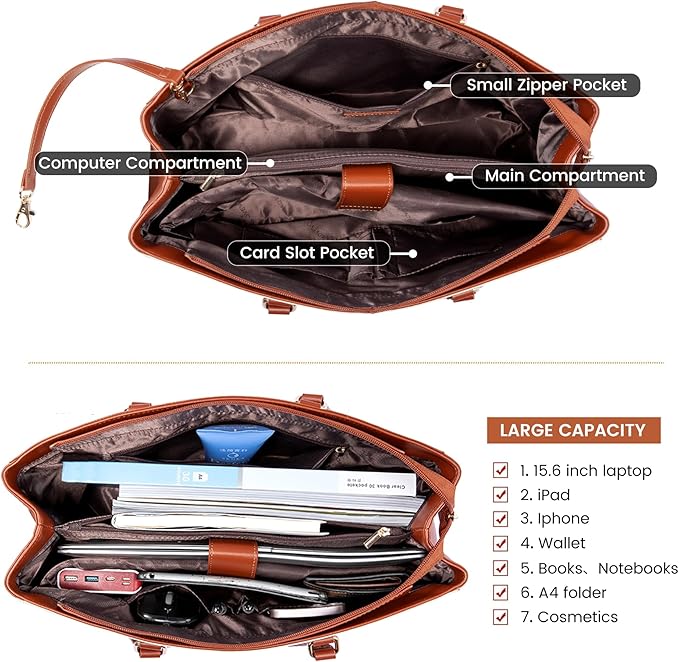 LOVEVOOK Laptop Bag for Women 15.6 Inch Tote Bags Waterproof Leather Briefcase Computer Women Business Office Work Bag,Brown-White