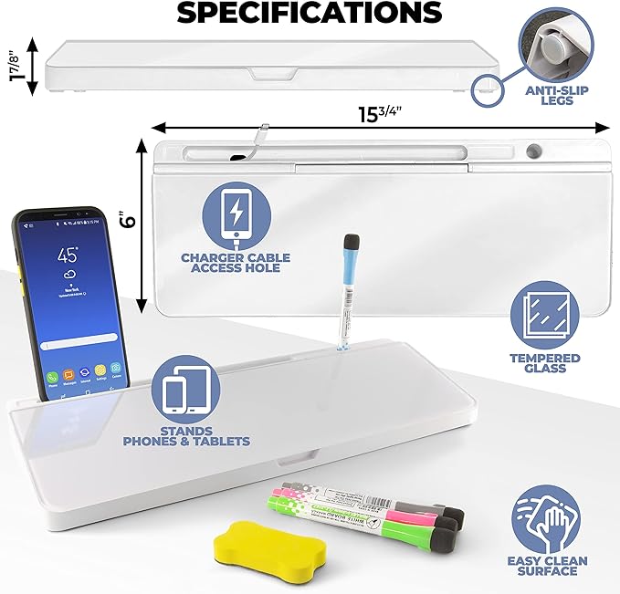 Desktop Whiteboard - Glass Dry Erase White Board- Desk Computer Buddy – Home Office & Studying Essentials - Desktop Pad with Phone & Tablet Slot, Storage Compartment - Includes 4 Markers, 1 Eraser