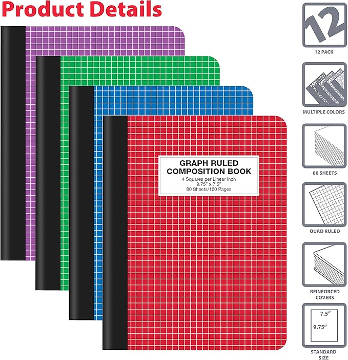 Better Office Products Quad Ruled Composition Book Notebook, 12 Pack, Hardcover 4x4 Graph Ruled Paper, 80 Sheets, 9.75" x 7.5", Assorted Color Covers, 12 Pack