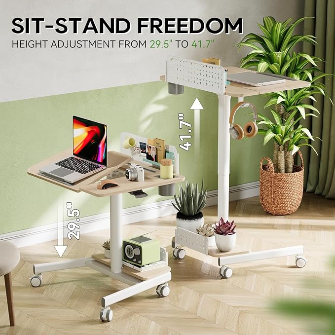 JOY worker Mobile Standing Desk with 60° Tiltable Desktop, 28" Height Adjustable Rolling Desk, DIY Pegboard & Storage Base, Portable Laptop Desk with 4 Lockable Wheels for Home Office, Oak
