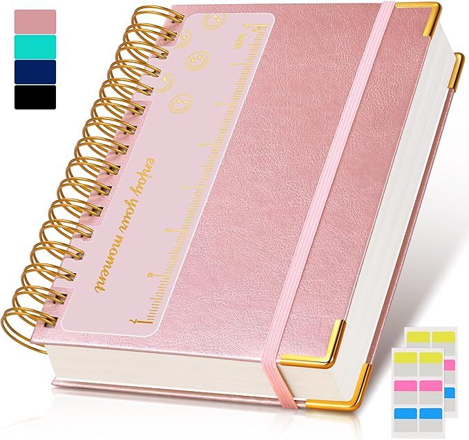 Spiral Notebook Journal 5.75” x 8.38”, 300 Pages Hardcover Leather Lined Journals for Women Men, A5 Small College Ruled Notebooks with 100 GSM Thick Paper, Spiral Journal for Writing Work School, Pink