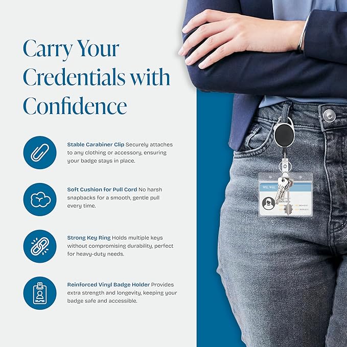 Will Well ID Badge Holders with Clip and Keyring - Horizontal Clear Plastic 3.7" x 2.5" Sleeves Fit Up to 3 Cards - Easy-Access Retractable 24" UHMWPE Fiber Pull Cords - 5-Pack, Black Reels