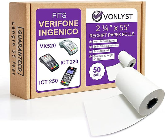 Thermal Paper Roll 2 1/4 x 55 for Verifone Vx520 Ingenico ICT220 ICT250 FD400 (50 rolls)