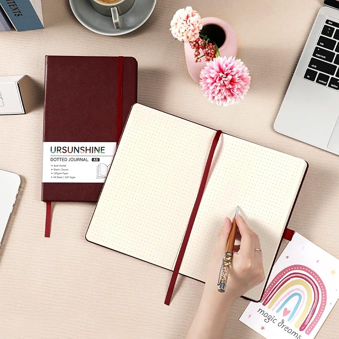 Dotted Journal/Notebook - Dot Grid Hard Cover Notebook, Premium Thick Paper with Fine Inner Pocket, Black Smooth Faux Leather, Pen Loop, 5.3'' x 8.26'' - Burgundy