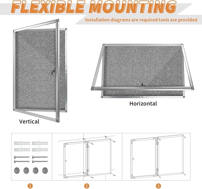 Enclosed Bulletin Board,Outdoor Weatherproof, Display Case Message Board with Acrylic Locking Door, Felt Grey,Aluminum Frame,36x24 Inch (5xA4)