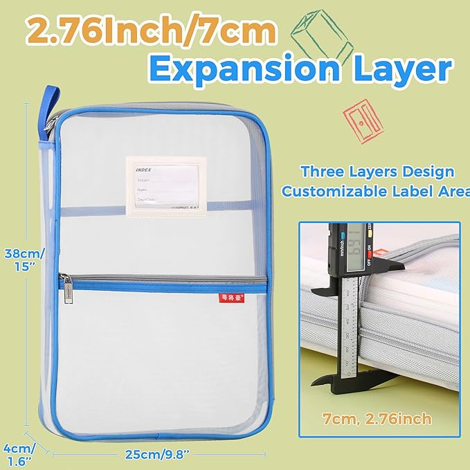 Pendancy Mesh Zipper Pouch 14.8x10.8 in Transparent Lightweight Nylon File Folders, A4 Size Multi-Layer Subject Document Organizer Accessories Storage Bag for Office and School Supplies(4 PCS)