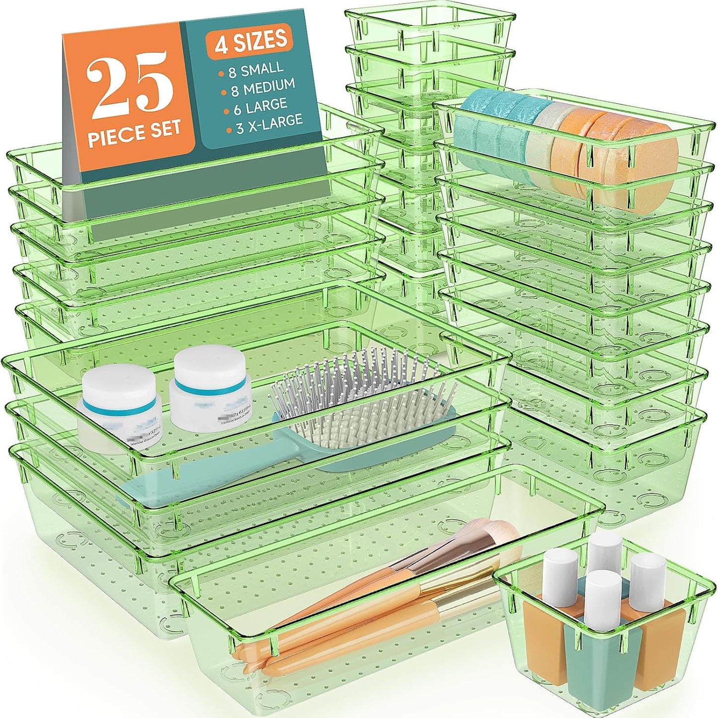 WOWBOX 25 PCS Plastic Drawer Organizer Set, 4 Sizes Desk Drawer Divider Organizers and Storage Bins for Makeup, Jewelry, Gadgets for Kitchen, Bedroom, Bathroom, Office, Clear Green