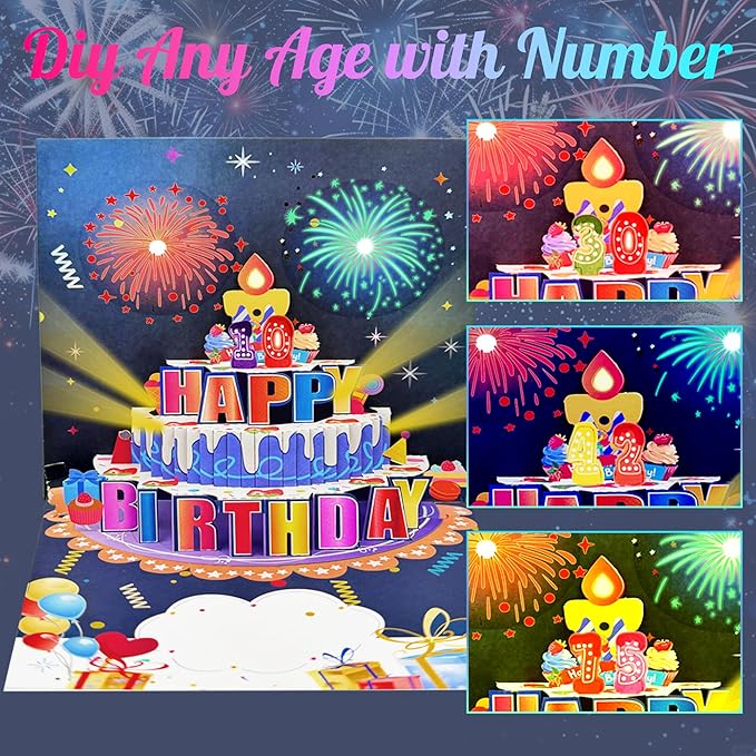 Birthday Cards, Pop Up Firework Birthday Cards, Musical and LED Lights Happy Birthday Card with Blowable Birthday Cake, Happy Birthday Gift Card for Mom Women Men Dad Kids Husband Wife