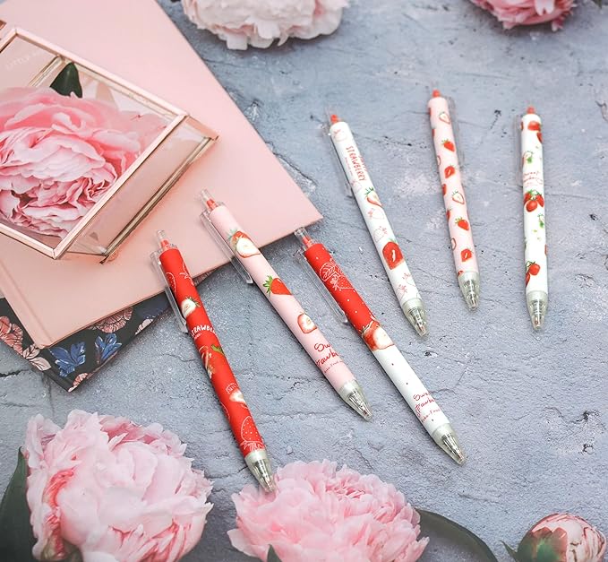 YYaaloa 12pcs Cute Strawberry Pens Black Gel Ink Pens Retractable 0.5mm Gel Pens Nice Gifts Fun Pens for Kids Girls Boys Christmas Gifts