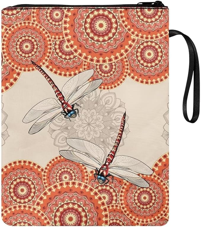 COEQINE Dragonfly Book Sleeve Vintage Mandala Book Cover for Hard Cover Paperbacks Portable Chain Front Pocket for Women Girls,Orange