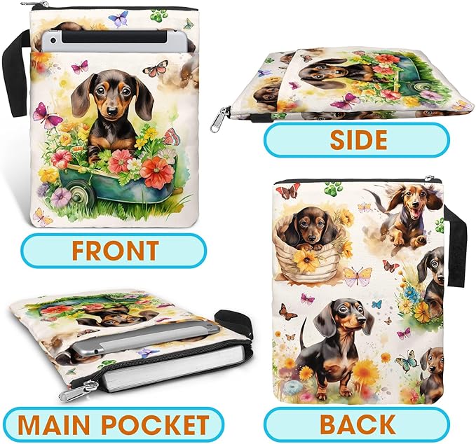 84hoods Book Cover Bag with Zipper and Front Pocket. Flower Garden. Washable Fabric Padded Protector Pouch for Paperbacks. Dachshund and Book Lovers Gift. 11 X 8.5 Inch.